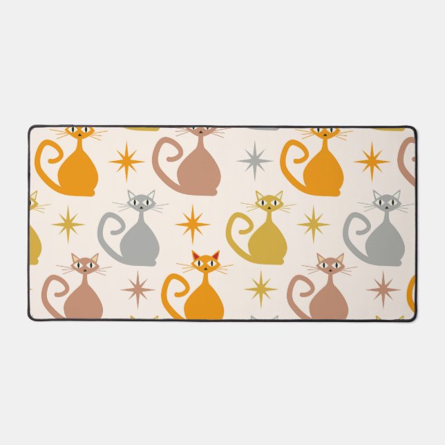 Colorful Mid Century Atomic Cats with Starbursts  Desk Mat (Front)