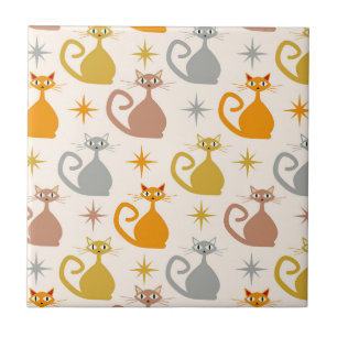 Colorful Mid Century Atomic Cats with Starbursts  Tile