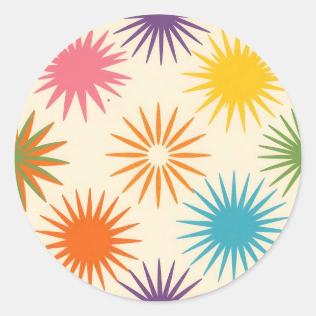 Colorful Mid Century Starburst Pattern Classic Round Sticker (Front)
