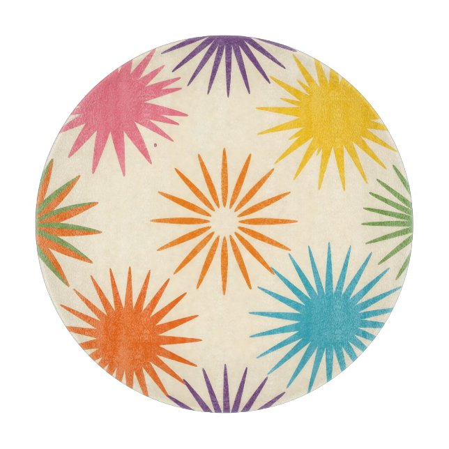Colorful Mid Century Starburst Pattern Cutting Board (Front)