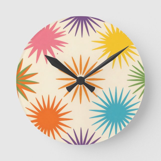 Colorful Mid Century Starburst Pattern Round Clock (Front)