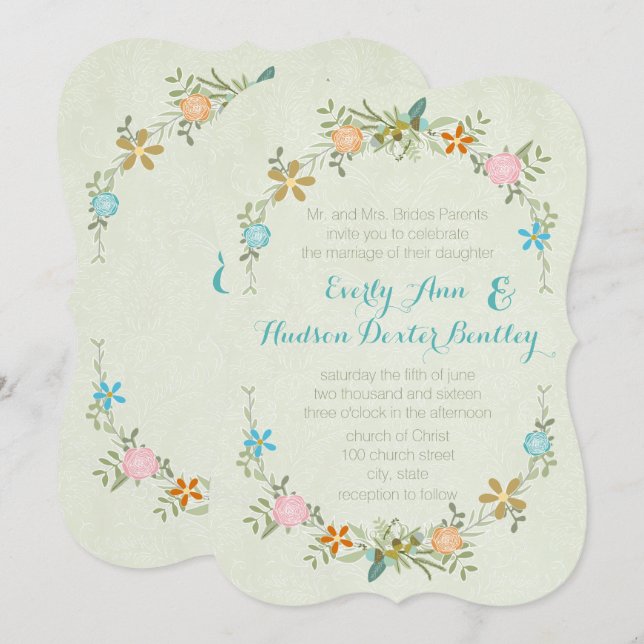 Colorful Mint Garland Wreath Forest Wedding Invite (Front/Back)