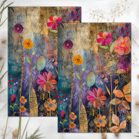 COLORFUL MIXED MEDIA FLORAL COLLAGE DECOUPAGE