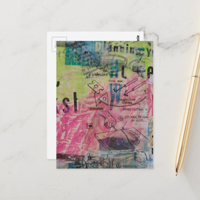 Colorful Mixed Media Retro Woodworking Diagrams Postcard (Front/Back In Situ)