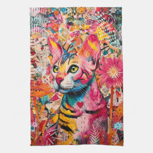 Colorful Mixed Mixed Paper Cat Collage  Tea Towel