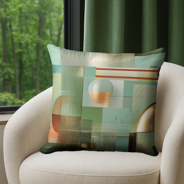 Colorful Modern Abstract Teal Gold  Cushion (Pillow featuring a modern Bauhaus style abstract design in green, teal and gold.)