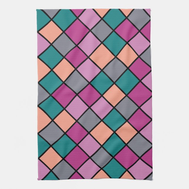Colorful Modern Diagonal Tiles Pattern version 1 Tea Towel (Vertical)