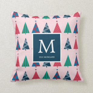 Colorful Modern Holiday Trees with Monogram Cushion