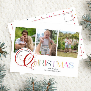 Colorful Modern Merry Christmas Script 3-Photo Holiday Postcard