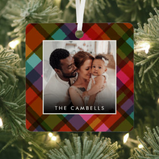 Colorful Modern Plaid Christmas Photo  Metal Tree Decoration