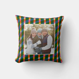 Colorful Modern Plaid Family Photo Holiday Cushion