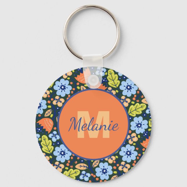 Colorful Modern Pretty Flower Pattern Personalised Key Ring (Front)