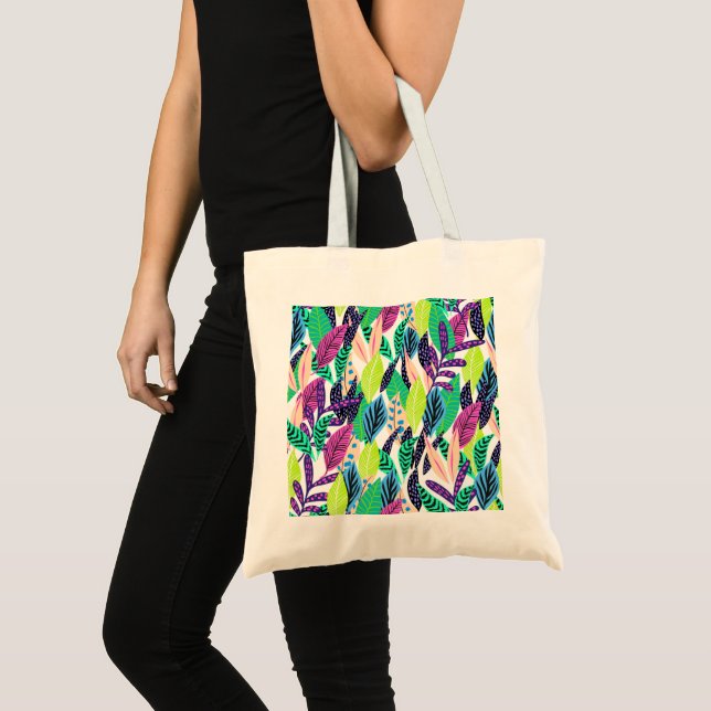 Colorful Modern Tropical Forest Leaves Pattern Tote Bag (Front (Product))
