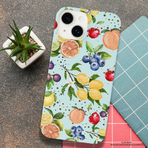 Colorful modern vintage fruit pattern Blue iPhone 14 Case
