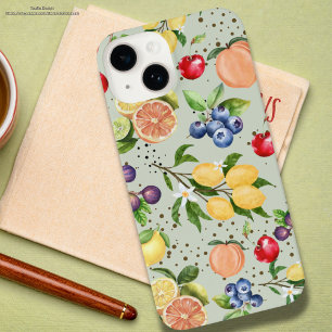 Colorful modern vintage fruit pattern grey iPhone 14 case