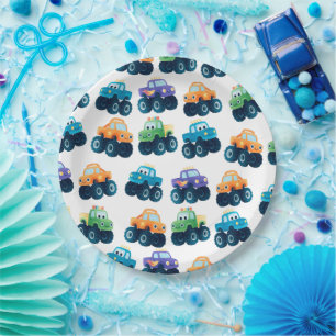 Colorful Monster Truck Pattern Birthday Paper Plate