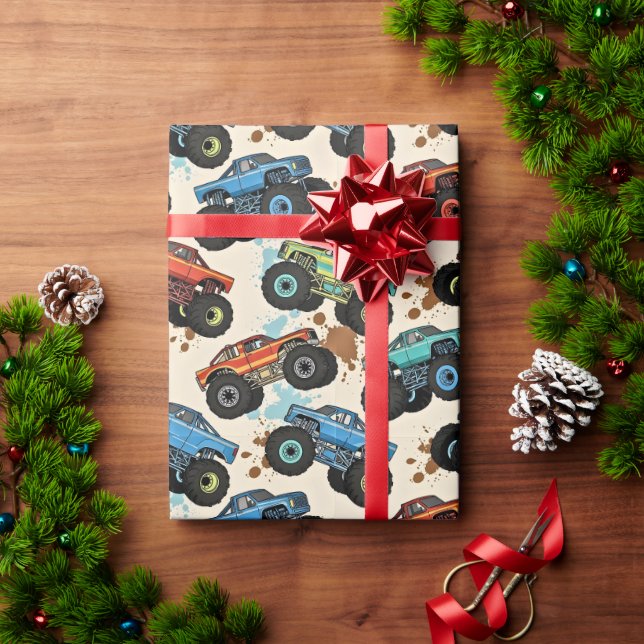 Colorful Monster Truck Pattern  Wrapping Paper (Holiday Gift)