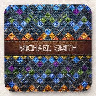 Colorful Mosaic Burlap Elegant Leather Look #9 Coaster