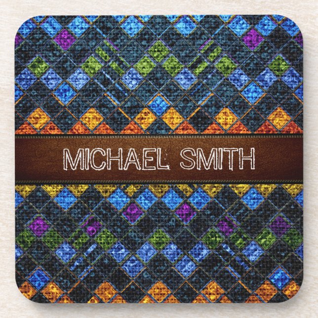 Colorful Mosaic Burlap Elegant Leather Look #9 Coaster (Front)