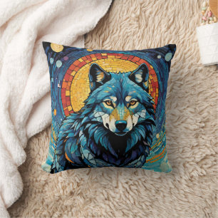 Colorful Mosaic Illustration of Majestic Wolf Cushion