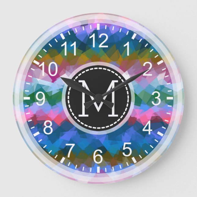Colorful Mosaic Modern Monogram #8 Large Clock (Front)