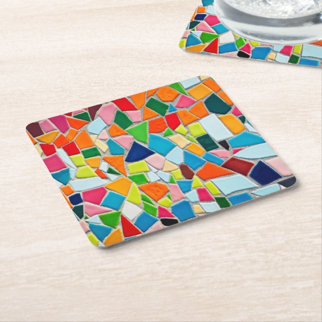 Colorful Mosaic Tiles Square Paper Coaster (Angled)