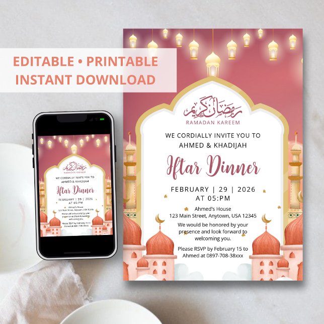 Colorful Mosque Illustration Ramadan Iftar Dinner Invitation (Creator Uploaded)