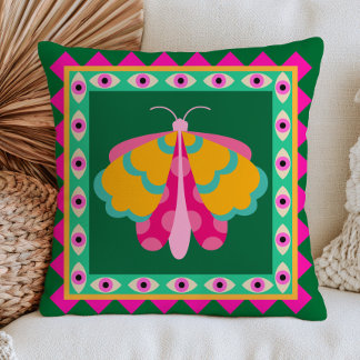 Colorful Moth on Emerald Green Evil Eyes Funky Cushion