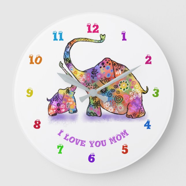 Colorful Mother and Baby Elephant Wall Clock (Front)