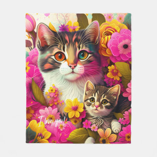 Colorful Mother Cat and Kitten Fleece Blanket