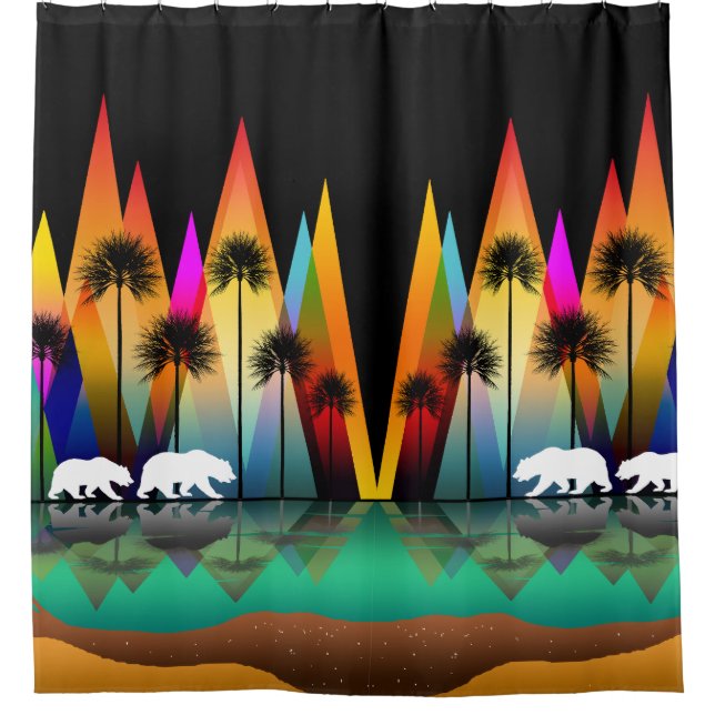 COLORFUL MOUNTAIN BEAR PALM TREES OCEAN SHOWER CURTAIN (Front)