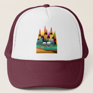 COLORFUL MOUNTAIN BEAR PALM TREES OCEAN TRUCKER HAT