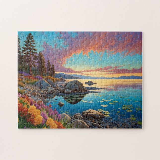 Colorful Mountain Lake Flowers Art Jigsaw Puzzle (Horizontal)