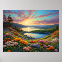 Colorful Mountain Lake Flowers Art