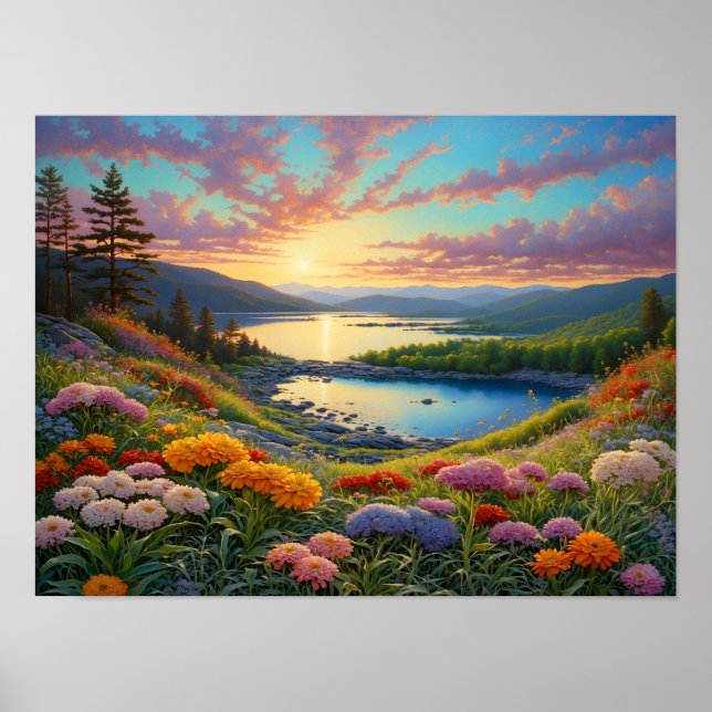 Colorful Mountain Lake Flowers Art Poster (Front)