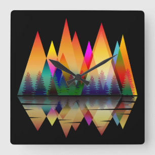 COLORFUL MOUNTAINS SHAPES NATURE FOREST SQUARE WALL CLOCK
