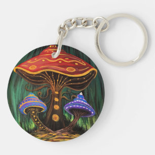 Colorful Mushroom Art Whimsical Cottagecore Forest Key Ring