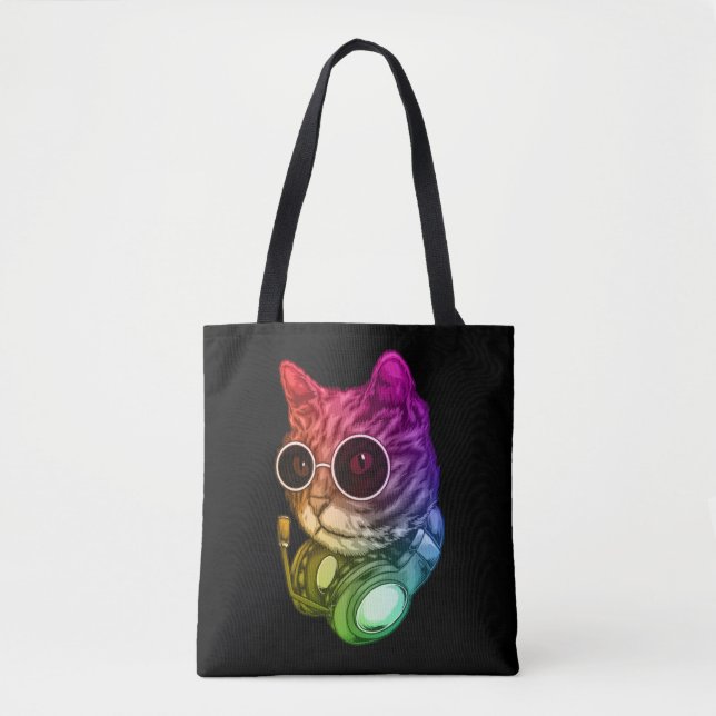 Colorful Music Cat Headphones Raver Animal Tote Bag (Front)