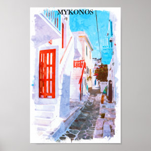 Colorful Mykonos Greece Retro Travel Watercolor Poster