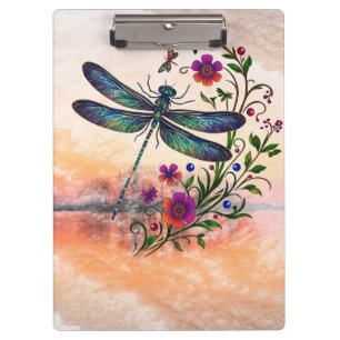 Colorful Nature Vibrant Dragonfly Floral Art  Clipboard