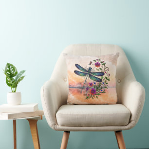 Colorful Nature Vibrant Dragonfly Floral Art  Cushion