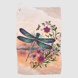 Colorful Nature Vibrant Dragonfly Floral Art Golf Towel