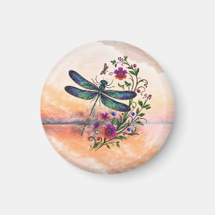 Colorful Nature Vibrant Dragonfly Floral Art Magnet