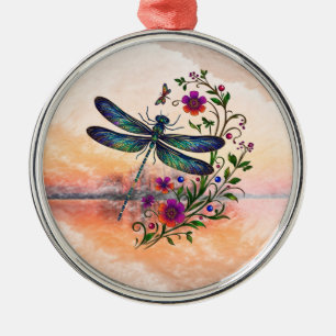 Colorful Nature Vibrant Dragonfly Floral Art Metal Tree Decoration