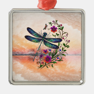 Colorful Nature Vibrant Dragonfly Floral Art Metal Tree Decoration