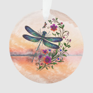 Colorful Nature Vibrant Dragonfly Floral Art Ornament