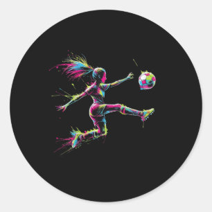 Colorful Neon Girl Soccer Art Splash Sport Design Classic Round Sticker