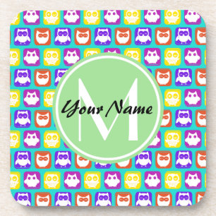 Colorful Neon Owl Custom Monogram, Personalized Coaster