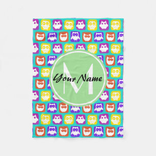 Colorful Neon Owl Custom Monogram, Personalized Fleece Blanket