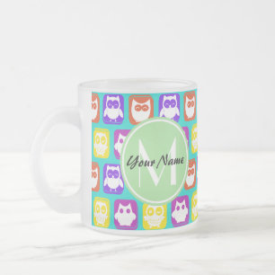 Colorful Neon Owl Custom Monogram, Personalized Frosted Glass Coffee Mug